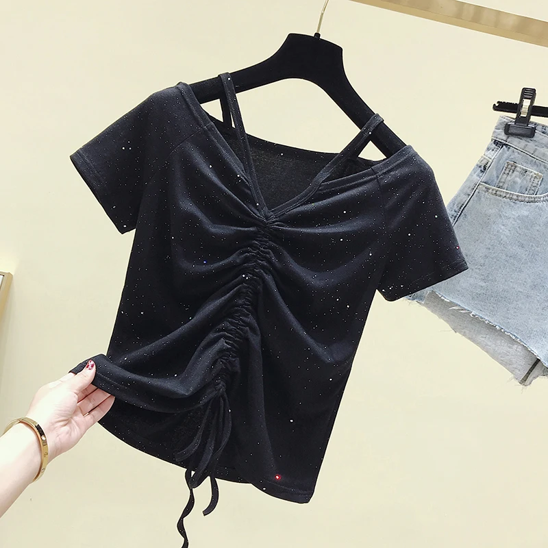 AOSSVIAO 2021 новая сексуальная Блестящая футболка с люрексом и глубоким v образным
