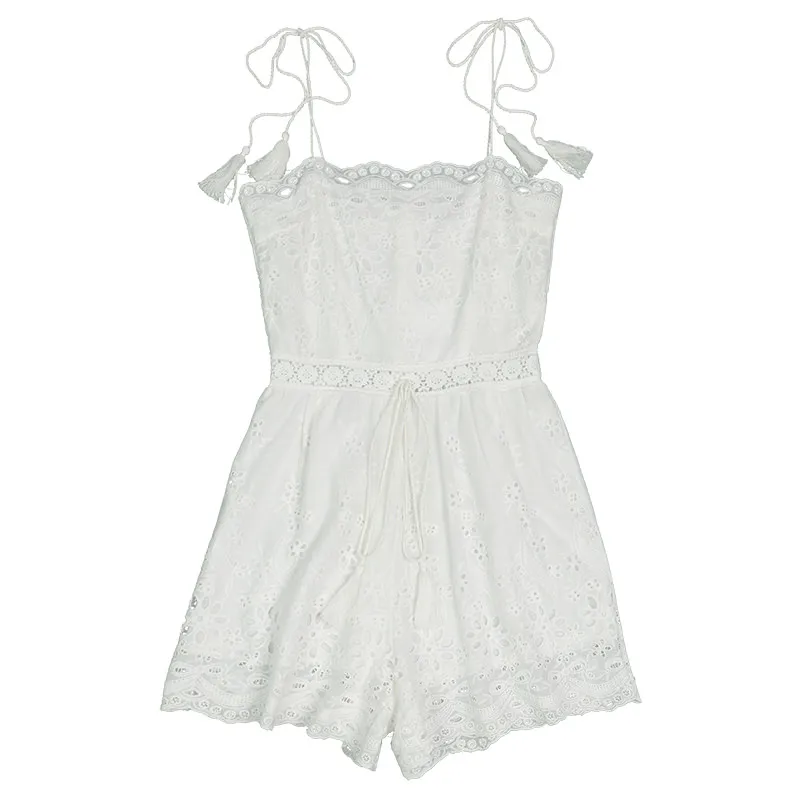 Белый вышитый хлопковый кружевной женский комбинезон сексуальный полый с поясом