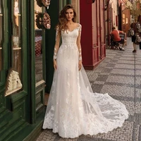 herburnl elegant v neck long sleeves appliques lace floor length button beach wedding dresses for women 2022