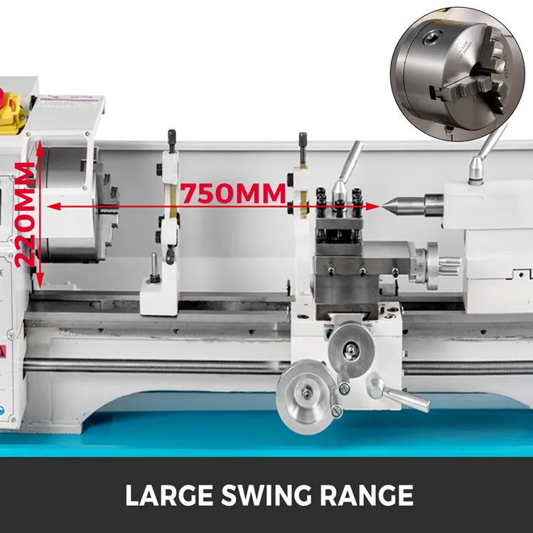 1100W 220 mm x 750mm Metal Lathe Mini for Counter Face Turning Driling With Dead Center MT2 Gear Oil Gun Gears |