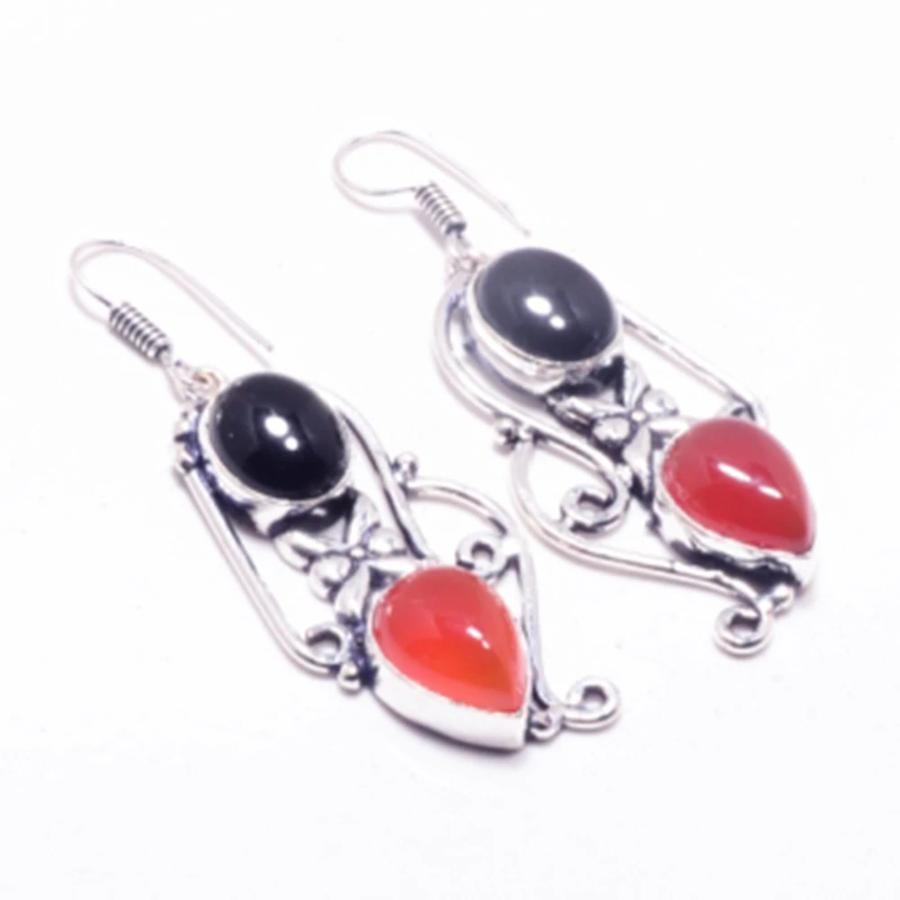 

Genuine Carnelian + Black Onyx Silver Overlay on Copper Earrings , Hand Made Women Jewelry gift