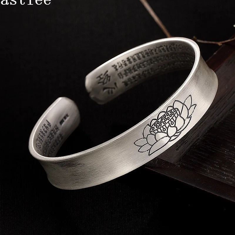 

Bastiee Buddhism 999 sterling silver bangles cuff bracelet for women silver jewellery lotus flower vintage hmong Prajnaparamita