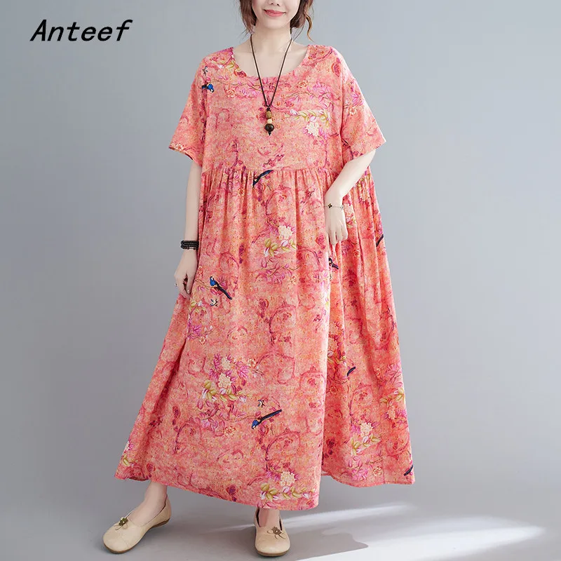 

short sleeve oversized cotton vintage animal floral dresses for women casual loose long woman summer dress elegant clothes 2022