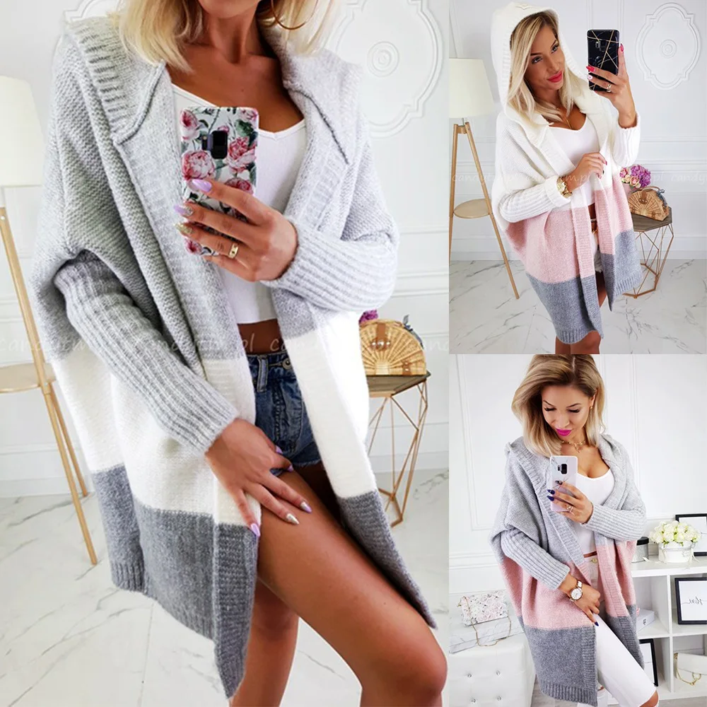 2019 осень Для женщин с капюшоном длинный кардиган свитер в полоску Цвет пальто