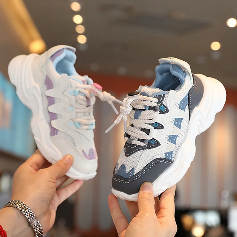 

2021 Autumn Kid Shoes Boys Girls Mesh Patchwork Sneakers Child Casual Breathable Soft Anti-Slip Running Sports Shoes Size 26-36