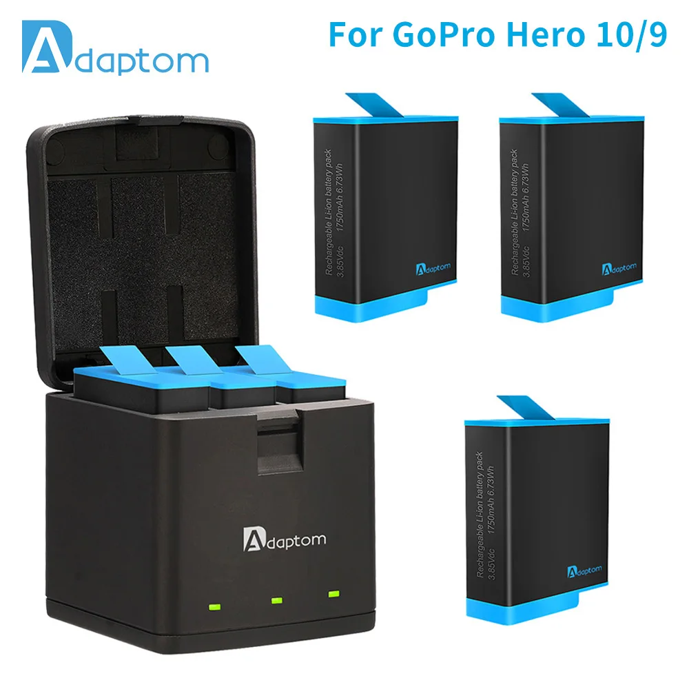 

Adaptom 1750mAh Battery for GoPro Hero 10 3 Slots LED Light Battery Charger Storage Box For GoPro Hero 9 10 Camera Accessories