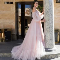 fivsole princess off the shoulder pink wedding dress 2021 a line long puff sleeve soft tulle bride gown lace up back party dress
