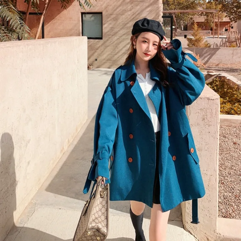

autumn oversized waist-tight short style trench turn-down collar belt Double Breasted high waist coat women outwears
