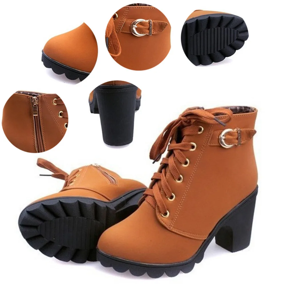 

2021 New Autumn Winter Women Boots High Quality Solid Lace-up European Ladies shoes PU Leather Fashion Boots