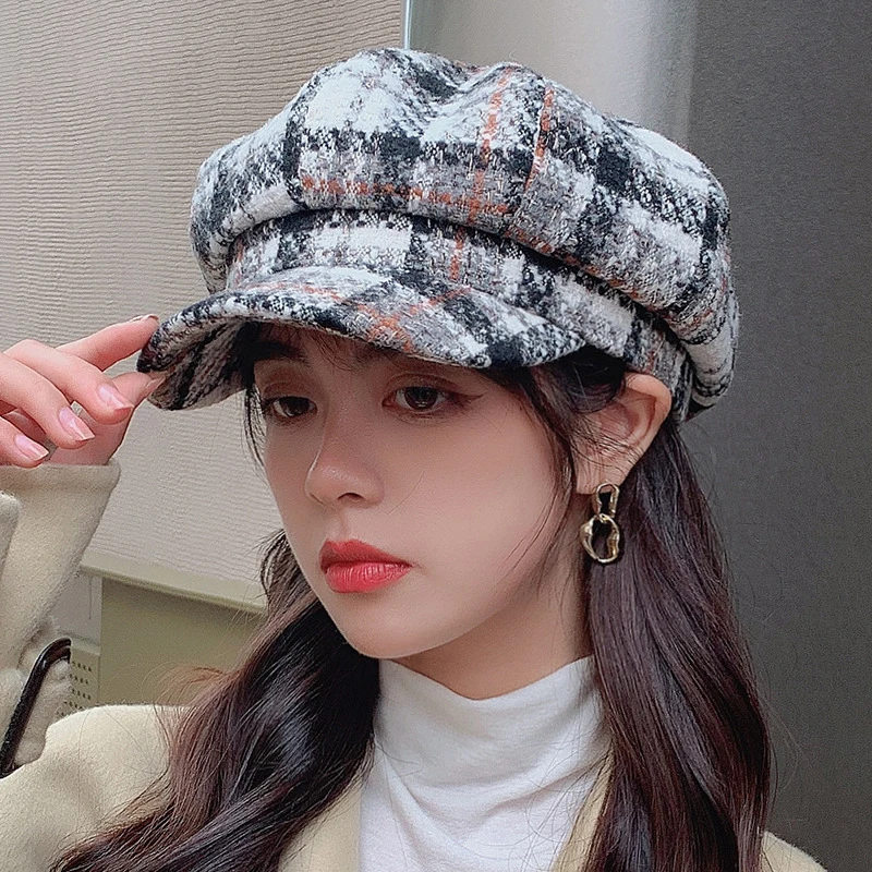 

HT3881 Berets 2021 New Women Cap Lady Autumn Winter Wool Hat Retro Plaid Octagonal Newsboy Cap Female Artist Painter Beret Hats