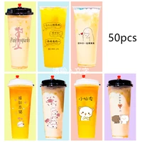 50pcs 90 caliber disposable milk tea cups 500ml 700ml creative cute birthday party favor drink plastic cups with red love lid