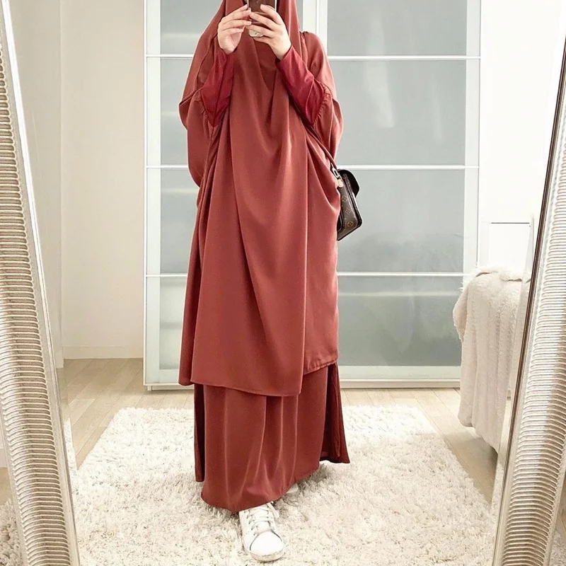 Рамадан ИД 2021 Женская молитвенная одежда мусульманские комплекты с капюшоном абайя платье химар хиджаб длинная юбка подходящая одежда Сау...