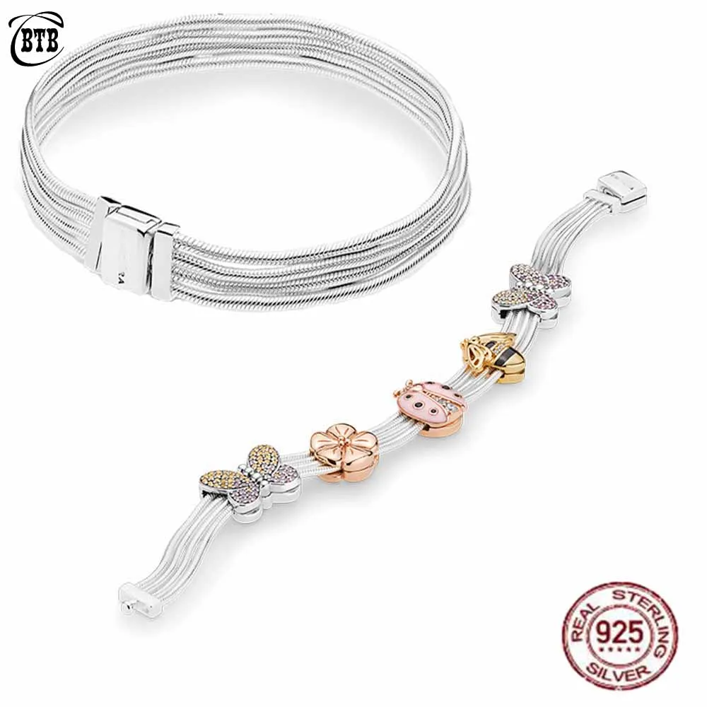 New 925 Sterling Silver Telescopic Bracelet Woman Bangle Fit DIY Beads Charm Rose Gold Fine Jewelry Gift For Female