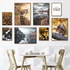 Настенные картины на холсте с осенним лесом, листом, оленем, белкой, гор, озером, скандинавские постеры и принты для гостиной