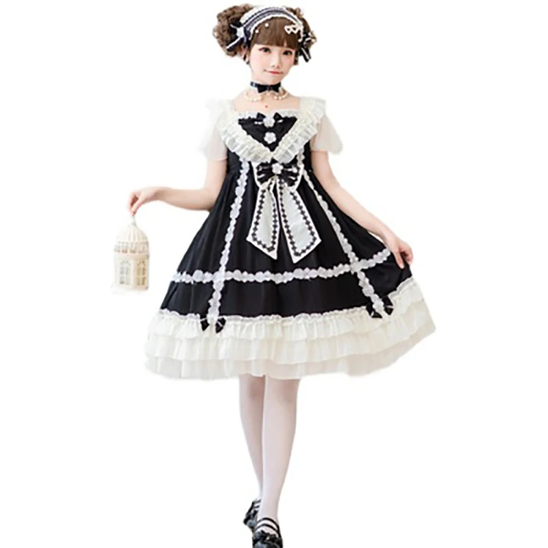 

Женское платье в стиле Лолиты, винтажное готическое платье с V-образным вырезом, кружевными оборками и высокой талией, мягкое платье для кос...