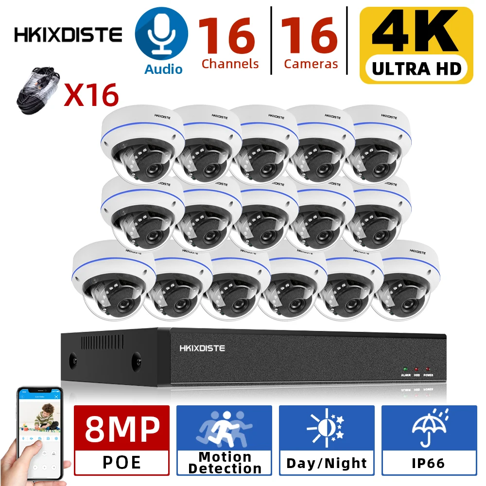 

HKIXDISTE H.265 16CH 4K POE NVR Kit 8MP CCTV System 8MP In/Outdoor VandalProof Security IP Dome Camera Video Surveillance set