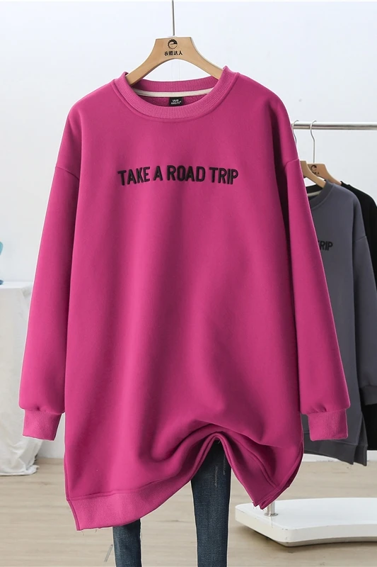 

Medium-long O Neck Pullovers Hoodies Thick Velvet Spring Autumn Women Clothes Cartoon Printing Embroidery Cotton Sweatshirts
