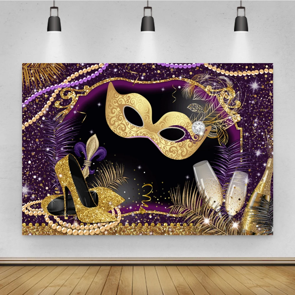 Золотая маска на высоких каблуках шампанское маскарадный шар фон праздничное