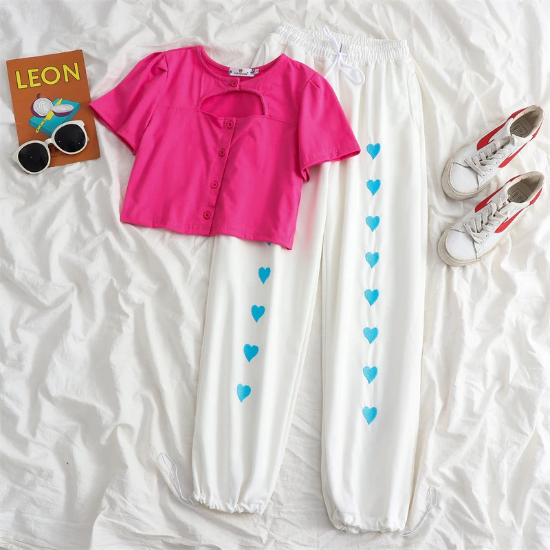 

New Women Sets Short Sleeve T-shirts Solid Elastic Waist Wide Leg Pants set Casual Sweet Korean Style young girls crop top suits