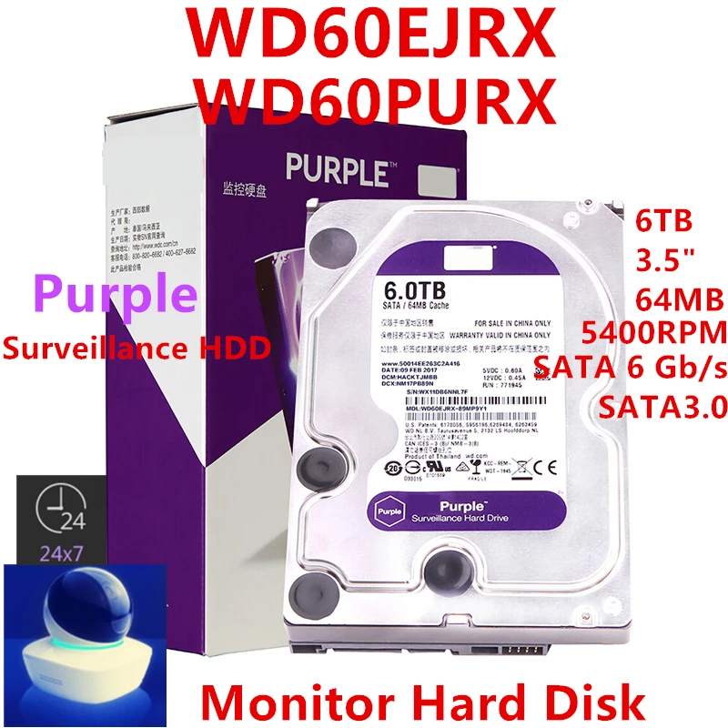 Новый жесткий диск для WD фиолетового бренда 6 ТБ 3 5 дюйма SATA ГБ/сек. 64 МБ 5400 об/мин