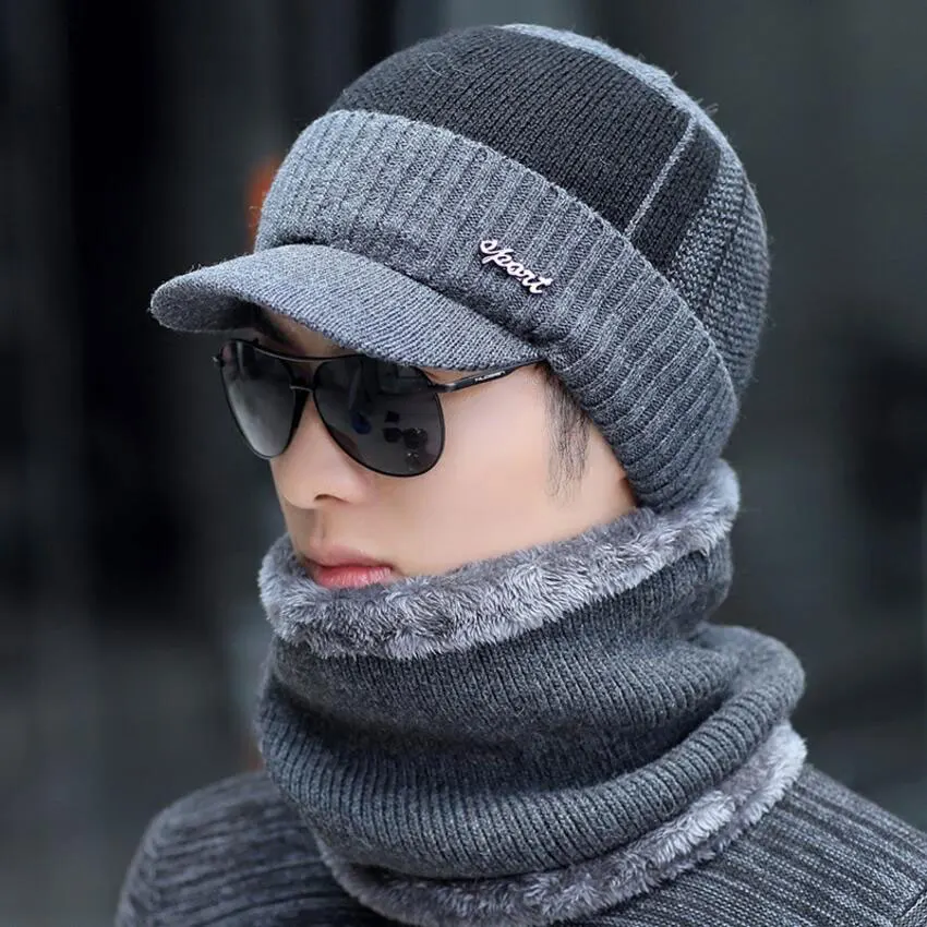 Gray Set Мужская зимняя шапка и шарф, набор для женщин, мужские кольца, шарфы, шапка с полями, вязанный козырек, шапочки, Балаклава для взрослых, теплый комплект из 2 предметов - Цвет: Gray Set
