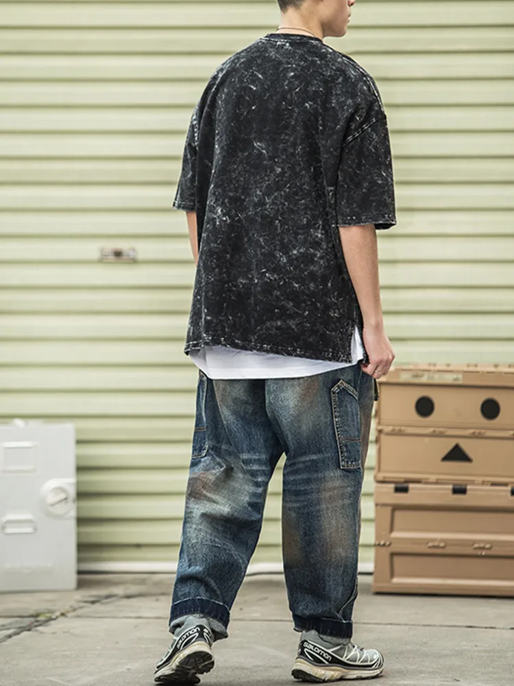 

2021SS Japanese Heavy Batik Snowflake Made Vintage Tooling Short-sleeved T-shirt for Men and Women