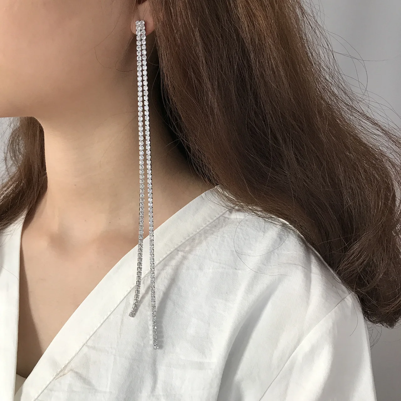 

S925 long chain tassel earrings earrings bright zircon long earrings