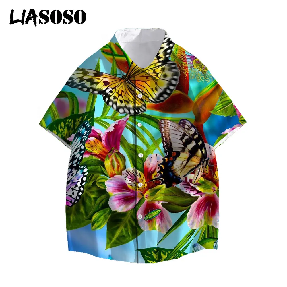 

LIASOSO Men Women 3D Print Animal Butterfly Short Sleeve Casual Shirts Button Streetwear Beach Hawaiian Shirts Camouflage Tops