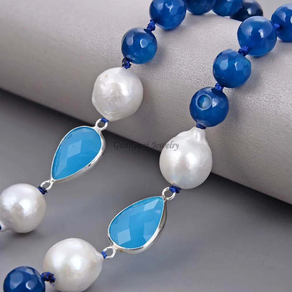 

GG Jewelry 56'' Keshi Pearl Blue Round Facted Agate Crystal Long Necklace