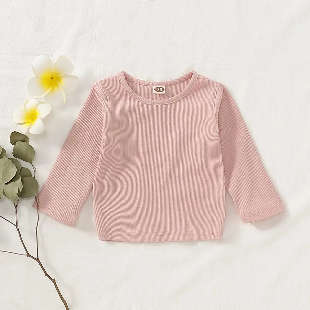 pink Одежда для новорожденных девочек, футболка с длинными рукавами в рубчик, весенне-осенние хлопковые футболки с круглым вырезом, одежда для маленьких мальчиков - Цвет: pink