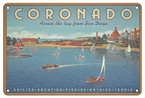 

Coronado Island, California - Across The Bay from San Diego - Hotel Del Coronado - Sailing by Kerne Erickson - Metal Tin Sign