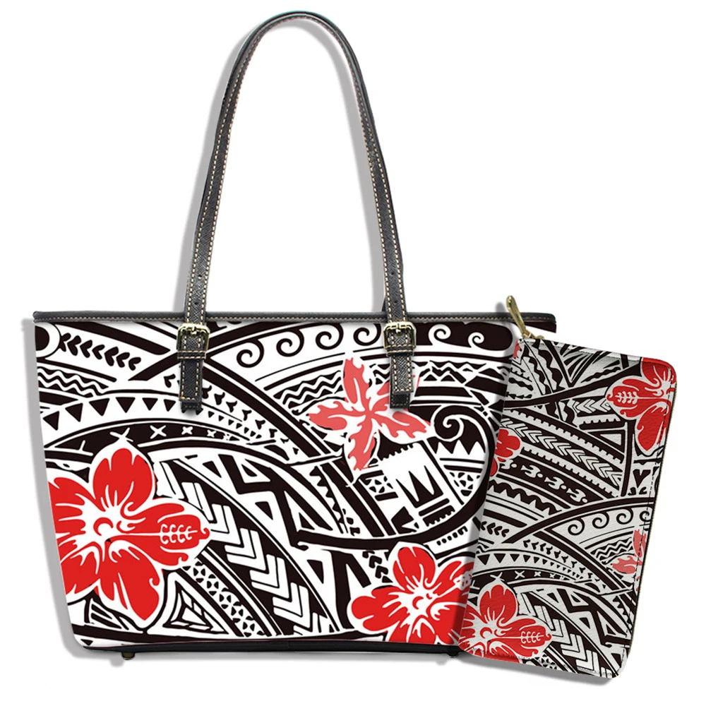 

Customized New Trend Luxury Handbag 2pcs Set Polynesian Tribe Pattern With Floral Printing Casual Party Clutch Purse Sac A Main
