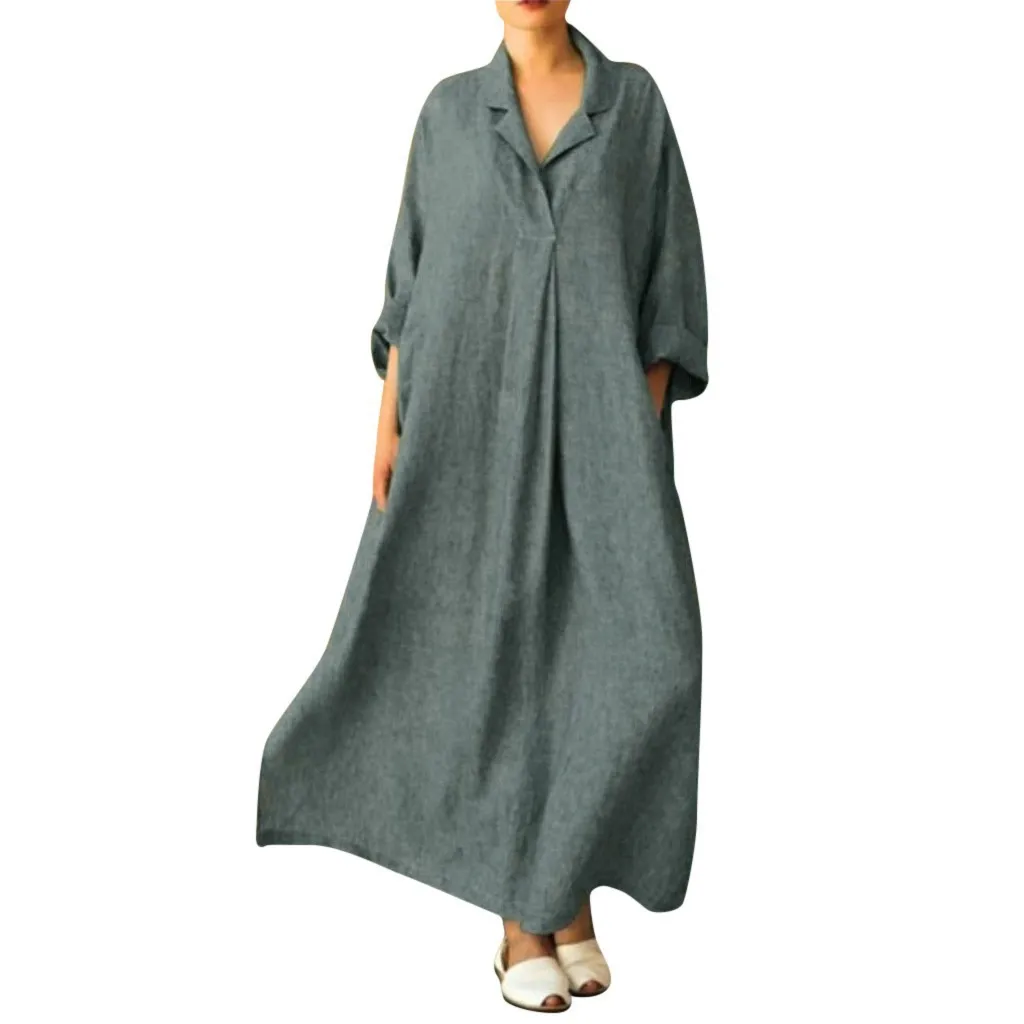 

Women Dress Loose Casual Ankle Length Office Lady Dress Solid 3/4 Lantern Sleeve Bohemian Loose Waist Women Dress Plus Size 5XL