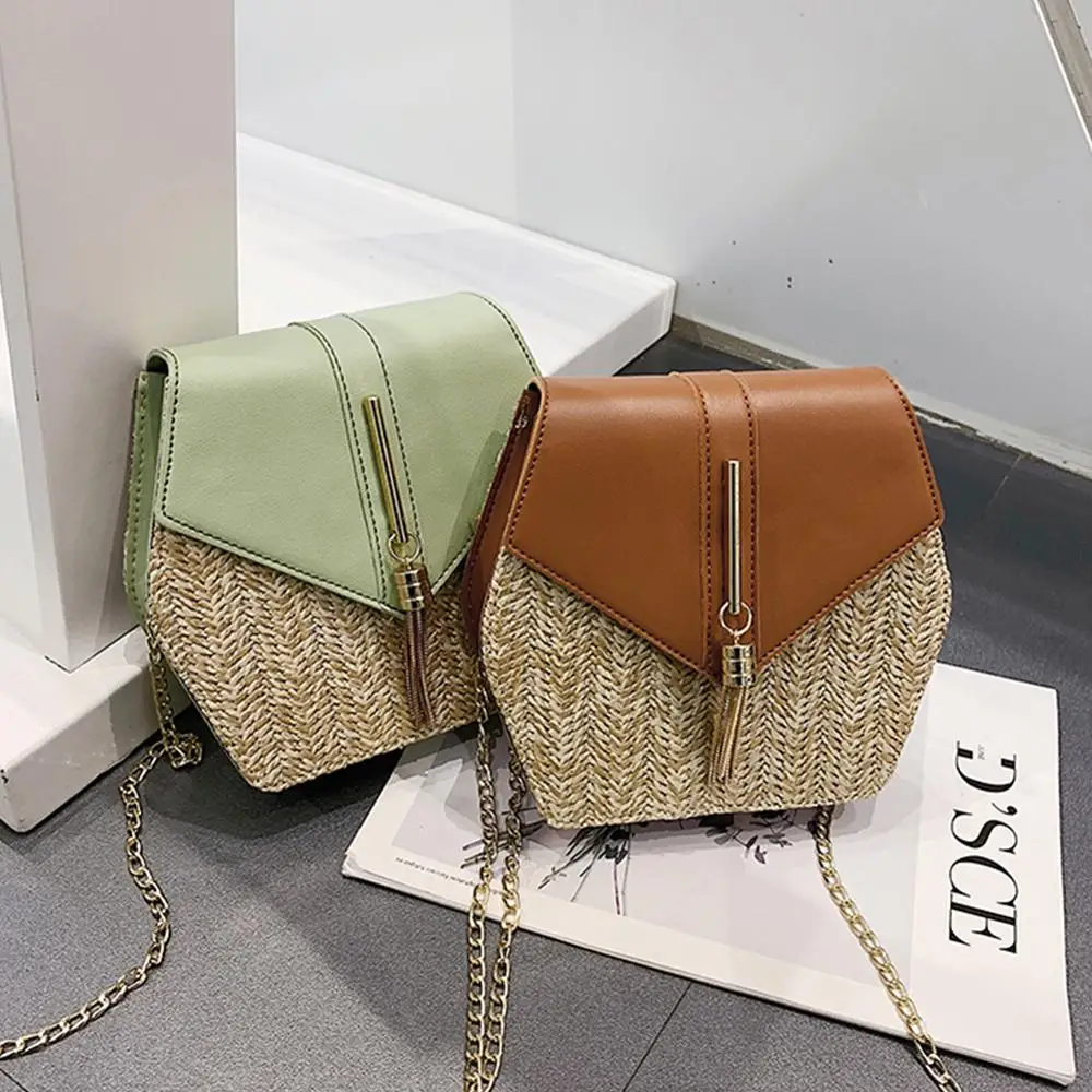 Женская соломенная сумка в стиле шестиугольника + Кожаная из ротанга плетеная