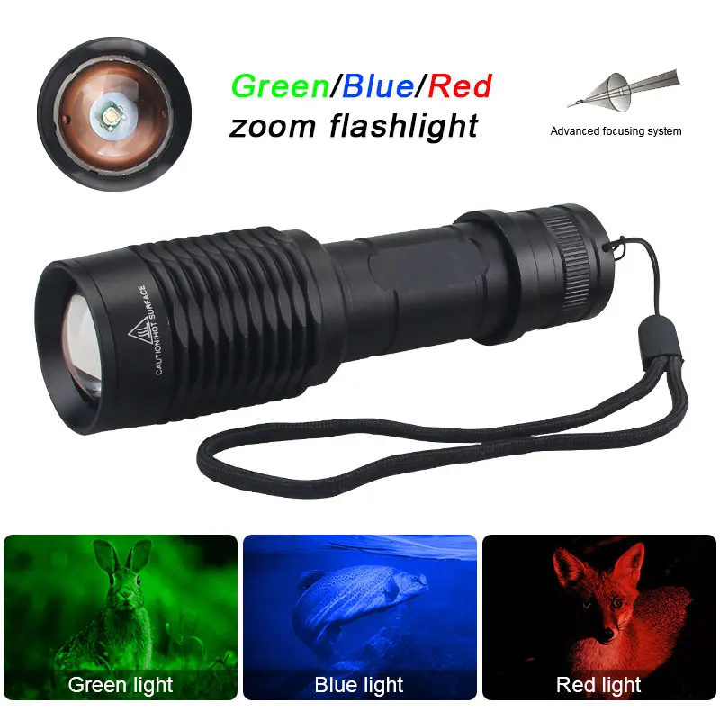 

Outdoor tactical flashlight green/red/blue light zoomable flashlight Torch LED fishing hunting flash light+Switch+18650+Charger