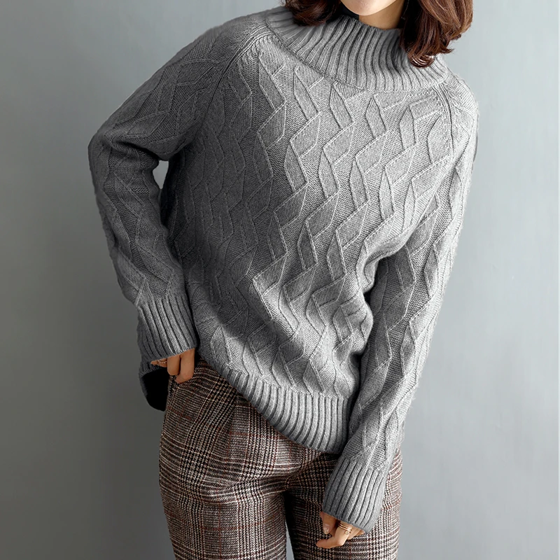 100% fine merino wool irregualr diamond pattern knit women half high collar pullover sweater wide loose M-2XL EU size | Женская одежда