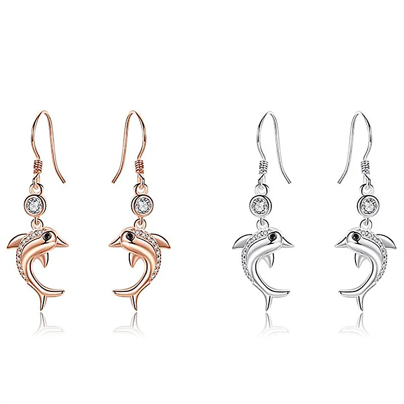 

Romantic Zircon Dolphin Rose Gold Drop Earrings For Women Jewelry Fashion Lady S925 Sterling Earring Girl Shining Accessories