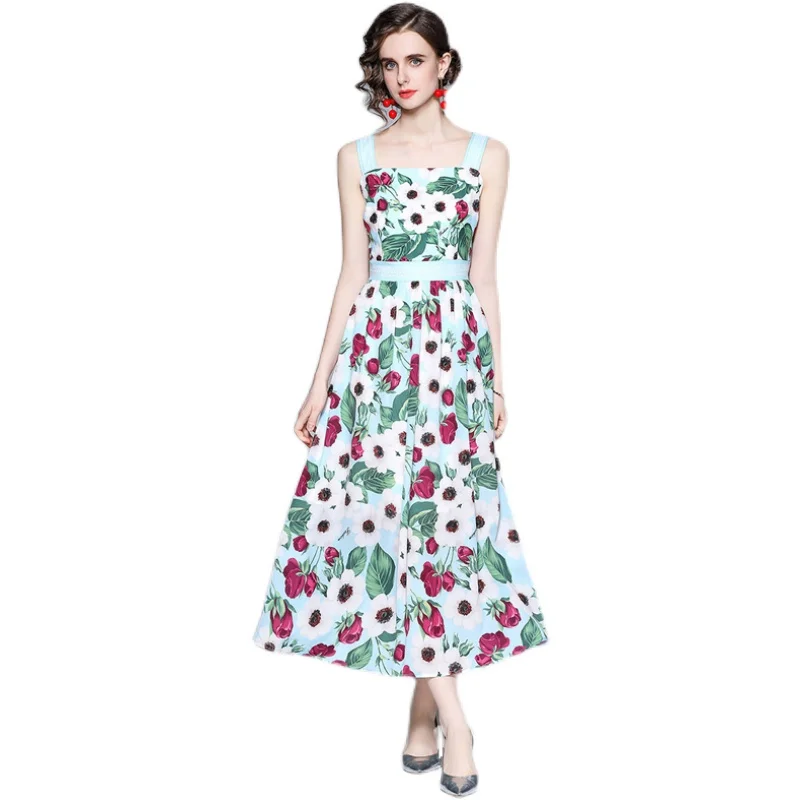

Spaghetti Strap French Dress Women Fashion Clothing Printing Mid-Calf Bohemian Sexy Dress Summer Sleeveless Empire Boho Dresses