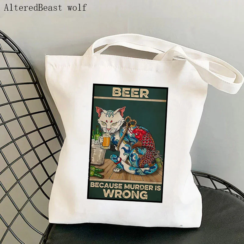 

Women Shopper bag Cat Beer Because Murder Is Wrongs Bag Harajuku Shopping Canvas Shopper Bag girl handbag Tote Shoulder Lady Bag