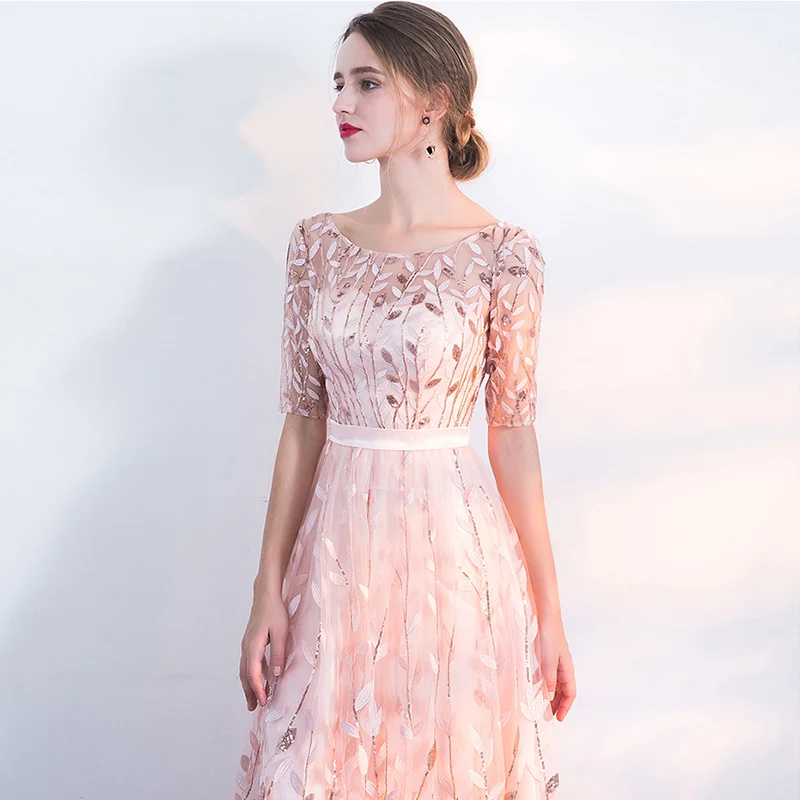 

Cheap Long Prom Dresses Jewel Neck Half Sleeves Lace up Back Party Evening Gowns Female Maxi Pageant Dress