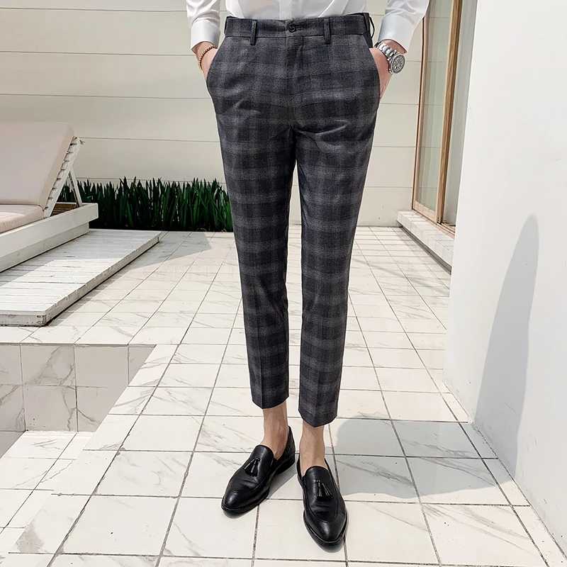 Брюки для костюма летние мужские тонкие клетчатые брюки модные Стрейчевые