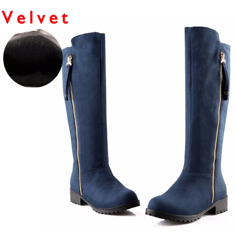 blue velvet Haoshen/Обувь для девочек женские сапоги с плоским коленом, на молнии, зима-осень, высокие сапоги для верховой езды модная теплая обувь с Плюшевым Мехом Размер 10,5 - Цвет: blue velvet
