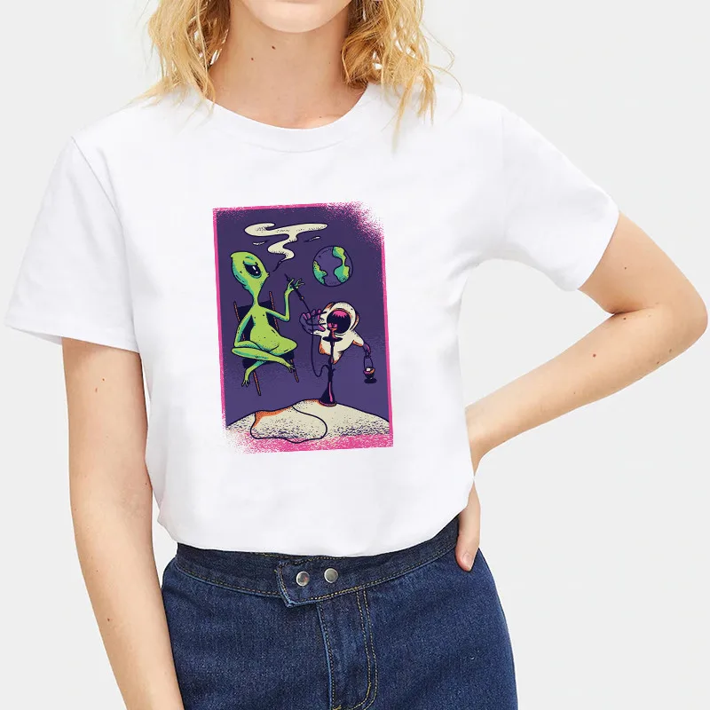 2019 модная женская футболка с принтом инопланетянина базовая Летняя топы
