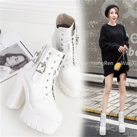 2021 new fashion belt buckle high heel boots thick heel short boots waterproof platform lace up womens boots
