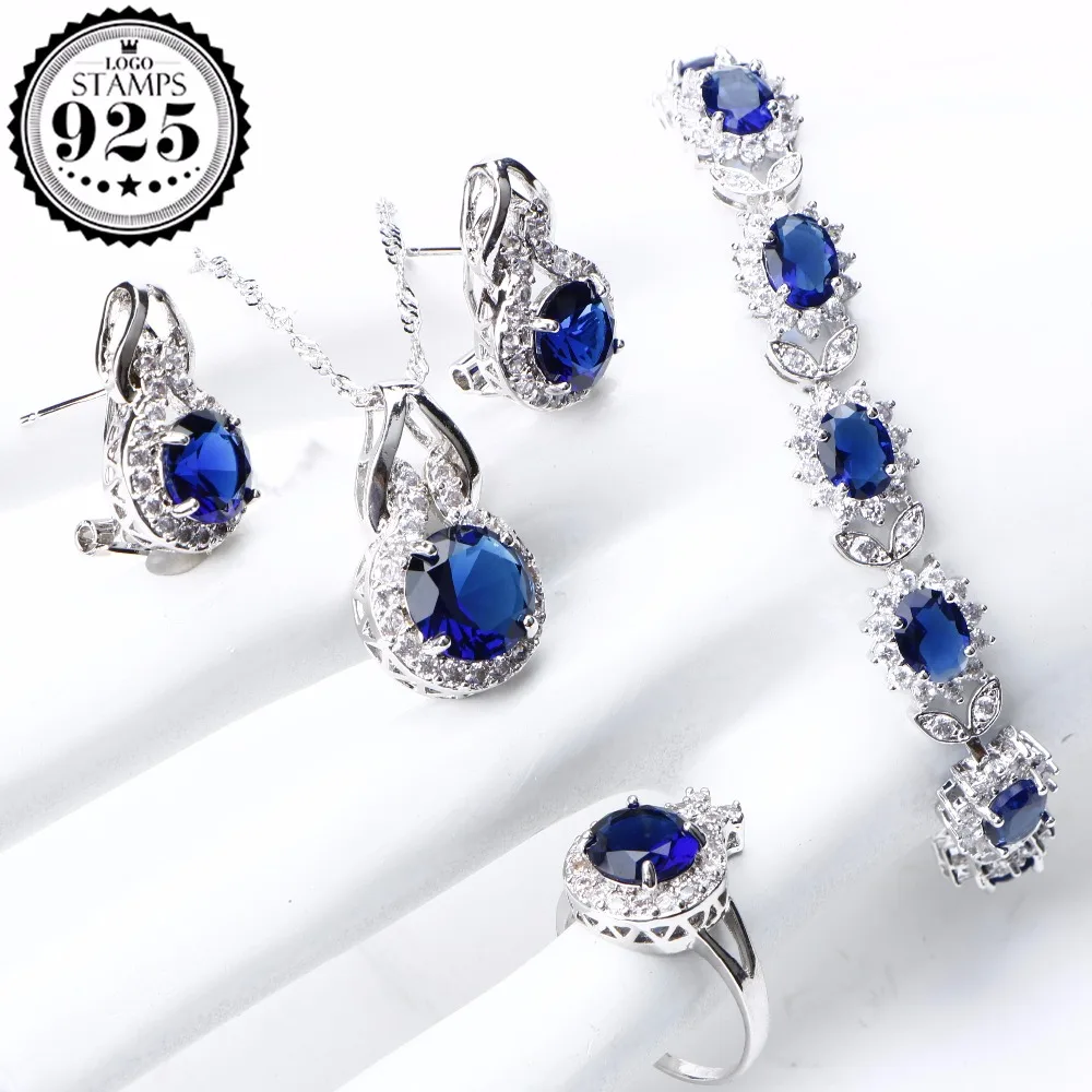 Bridal Jewelry Set For Women 925 Sterling Silver Jewelry Wedding Bracelet Earrings Ring Blue CZ Stones Necklace Set Gifts Box