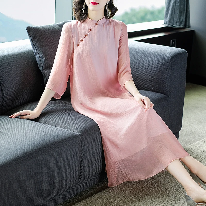 Элегантное модное шелковое платье 2019 в китайском стиле женские длинные осенние