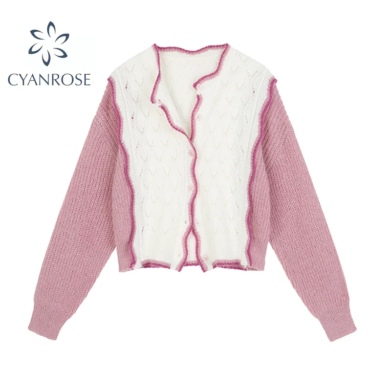 

2021 New Autumn Cardigan Women's Sweater Korean Long Sleeve O-collar Loose Single Breasted Pink Ruffle Edge Sweet Knitwear Tops