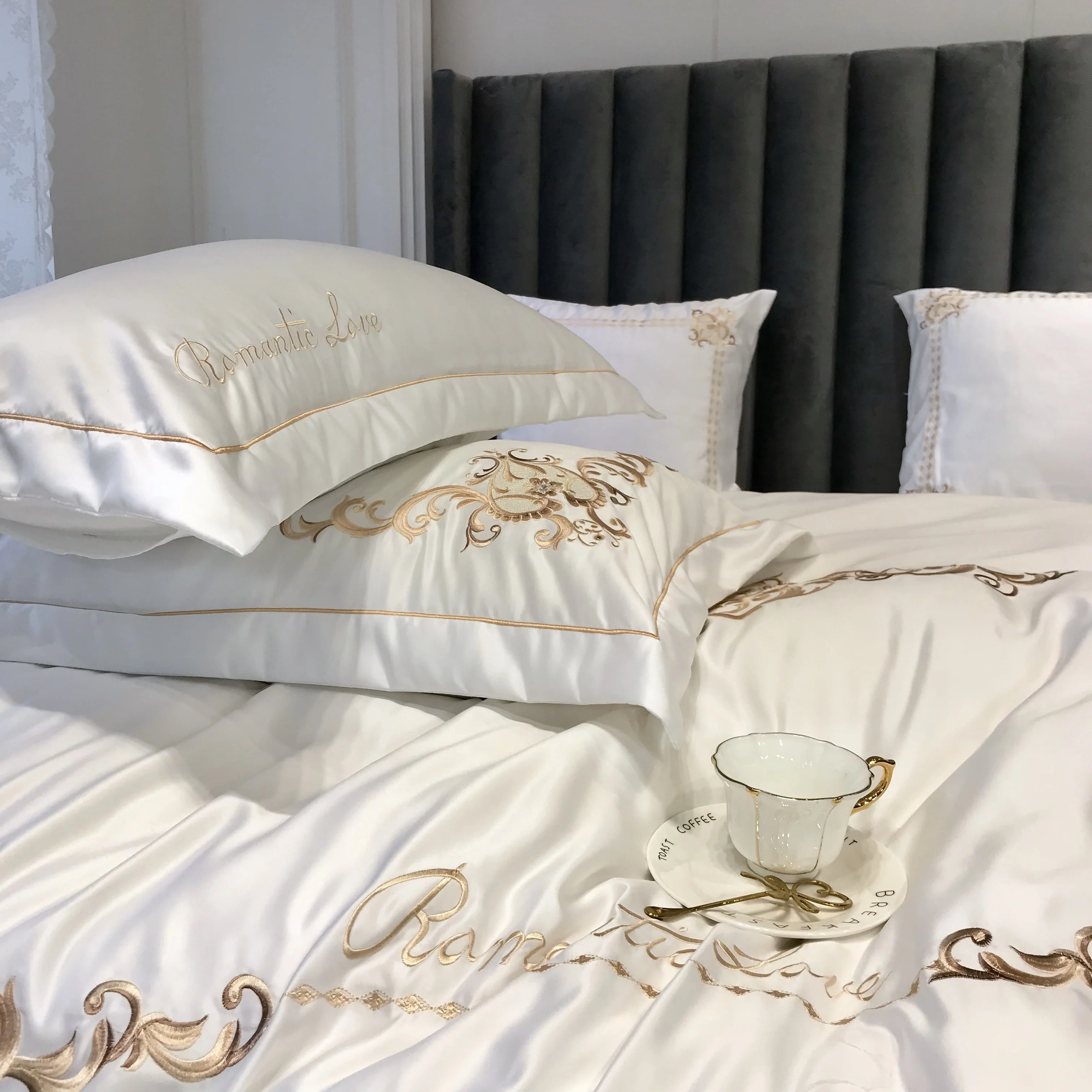 Новинка белый синий серый 60S сатин мытый шелк хлопок изысканная вышивка Комплект