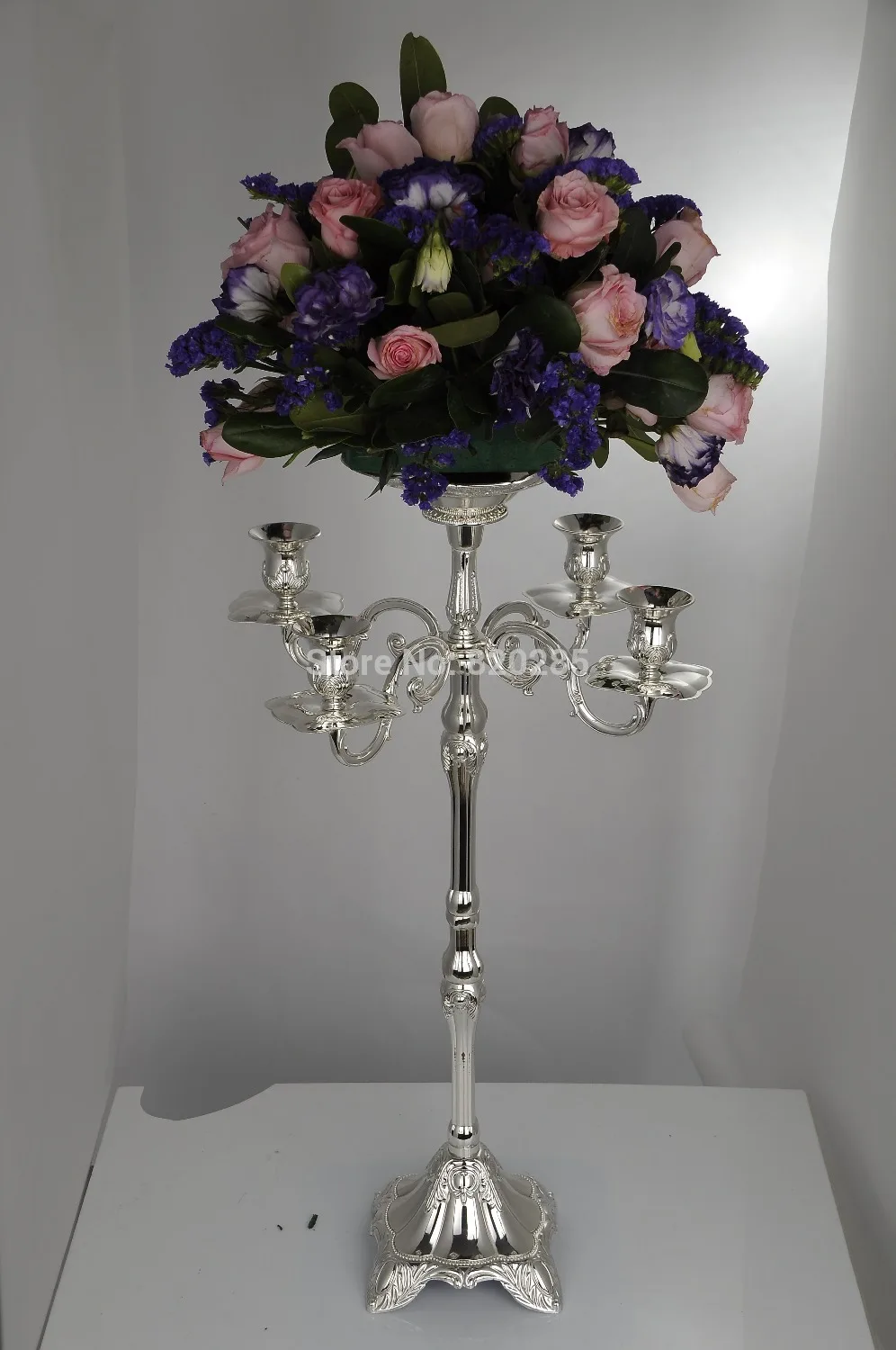 

Wholesle Silver finish candelabrum 63cm height 5-arms candelabra with flower bowl/tray in the center for weddings or events