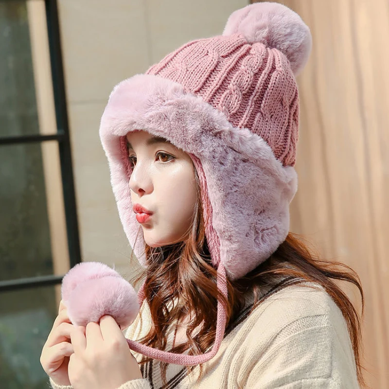 HT2861 осенне зимняя женская шапка Толстая теплая с кроличьим мехом лыжная ушками
